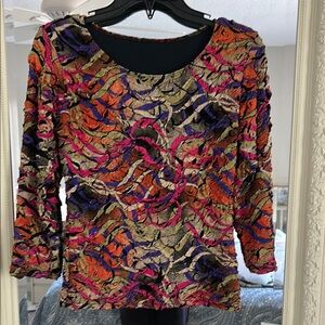 Red and Orange Graphic Ruffled 3/4 Sleeve Blouse